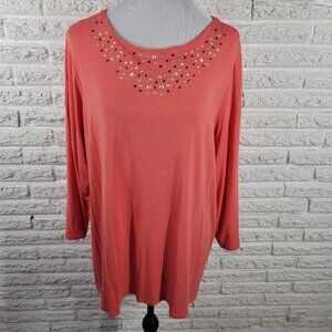Investments II Womens Top 2X Plus 3/4 Sleeve Pink Studded Comfy PIN27E